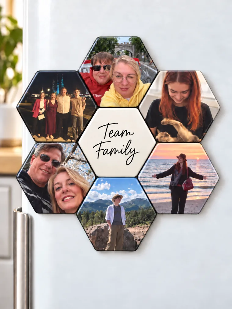 Six family photos arranged around a Team Family phrase magnet